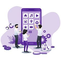 three people are working on a purple cell phone with gears and symbols around it, while another person is pointing at the screen