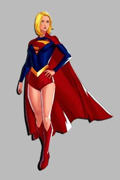 a woman in a red and blue superman suit is standing with her hands on her hips