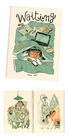 two children's books with illustrations on them, one is laying in bed and the other is reading