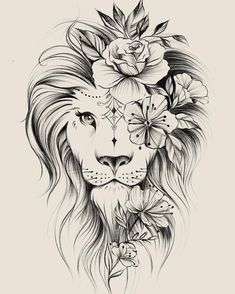a drawing of a lion with flowers on its head and leaves around it's neck