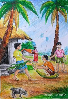 a drawing of children playing in the sand