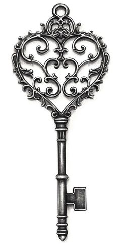 an ornate key is shown in black and white, with the word love written on it