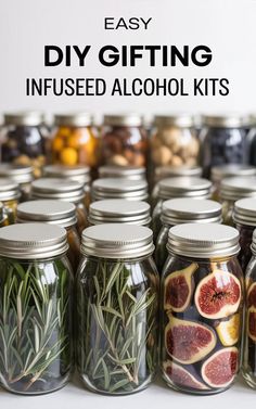 jars filled with different types of spices and herbs, text overlay reads easy diy gifting infused alcohol kits