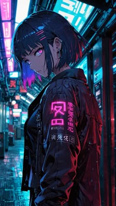 an anime character with black hair and pink eyes standing in front of neon colored lights