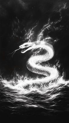 an artistic black and white photo of a snake in the water with clouds around it