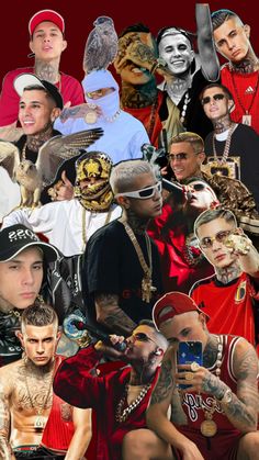 a collage of many different people with tattoos on their faces and hands, all in red