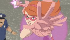 a woman with red hair and blue eyes is being chased by a man in a police uniform