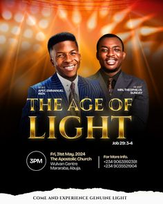 the age of light flyer with two men in suits and ties smiling at the camera