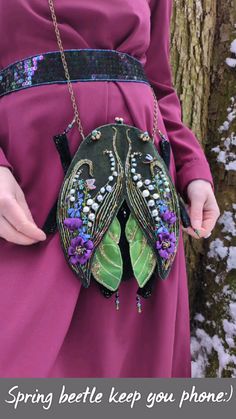 Pearl lily of the valley, silky poppies, forget-me-not, transparent wings...do you feel the breath of spring? All this is embroidered on a soft velvet back, which you can stroke at any moment. Mini bug will save your phone. This unique handmade bag can please you too, I can embroider your favorite flowers on it, just send me a message in WhatsApp! More information on the website. Bug Bag, Beetle Bag, Diy Wardrobe, First Day Of Summer, Ribbon Work, Handbag Pattern, Sewing Ribbon, Hand Embroidery Pattern, Vintage Purse