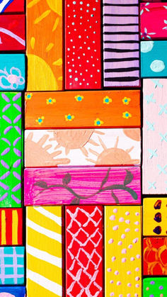 an abstract painting with many different colors and patterns on the paper, as well as lines