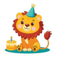 a lion with a birthday hat sitting next to a cake