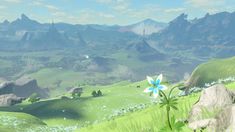 a blue flower is in the middle of a green field with mountains and hills behind it