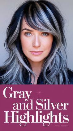 Blend seamlessly with a gray and silver balayage that gives black hair stunning depth and movement. #BalayageMagic #SilverHairInspo #GrayHairArt Purple Silver Balayage, Gray And Silver Highlights On Black Hair, Black And Gray Hair Highlights, Black Hair Silver Balayage, Face Framing Silver Highlights On Dark Hair, Black Silver Balayage, Black To Silver Balayage, Gray And Black Highlights, Gray Hair With Black Streaks