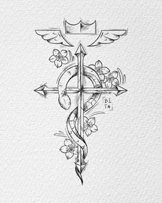 a drawing of a cross with flowers and an arrow in the center on white paper
