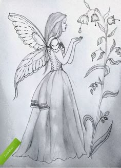 a drawing of a fairy holding a flower in her hand and standing next to a plant
