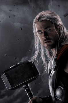 the avengers movie character thor is holding an ax in his hand and looking at the camera