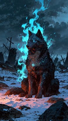a wolf sitting on top of a pile of rocks next to a fire ball in the air