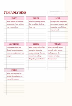 the 7 deadly sines worksheet is shown in red and white, with pink writing