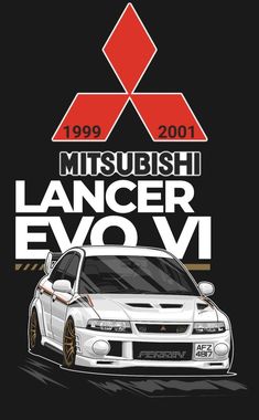the front end of a white car on a black background with text that reads, missubiish lancer evv1