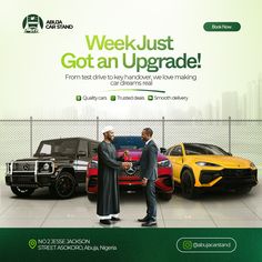 two men shaking hands in front of three different colored sports cars with the words, werk just got an upgrade