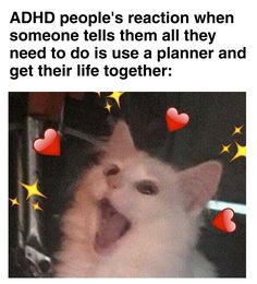 a white cat with its mouth open and some hearts around it