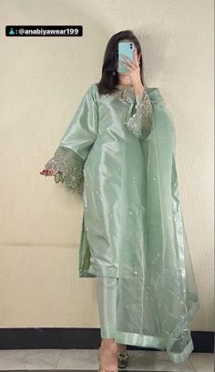 Elegant Chanderi Dress For Eid, Green Tissue Silk Sets For Eid, Pista Green Tissue Silk Set For Eid, Satin Pakistani Suit, Eid Tissue Silk Dupatta In Pista Green, Elegant Pista Green Organza Dress, Satin Kurti Designs Latest Pakistani, Satin Suit Design Pakistani, Satin Suit Design Pakistani Style