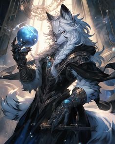a white wolf holding a blue ball in his hand and wearing a long coat with fur