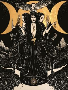 two women are standing in front of the moon with their hands up and holding candles