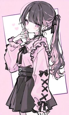 a drawing of a girl with long hair wearing a pink shirt and black skirt, standing in
