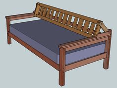a wooden bed frame with a blue mattress