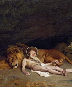 a painting of a man laying on the ground next to two lions