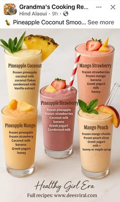 three different smoothies in glasses with pineapples and strawberries