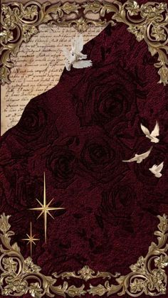 a red background with gold trimmings and white doves on top of it