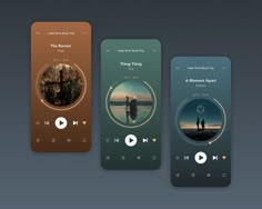 three mobile app screens with music player icons on the front and back, along with an audio player in the middle