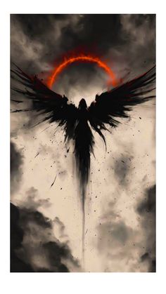 an angel with wings flying through the air in front of dark clouds and a red sun