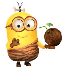 a yellow and brown minion holding a coconut