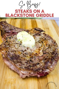 A seared steak cooked on a Blackstone griddle.