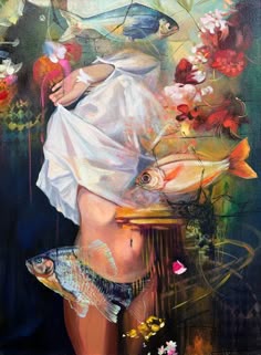 a painting of a woman with fish and flowers