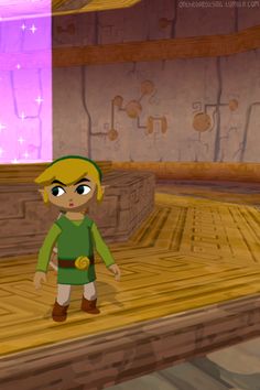 the legend of zelda is standing in front of a stage with wooden flooring