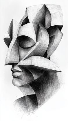 a black and white drawing of a woman's face with wavy lines on it