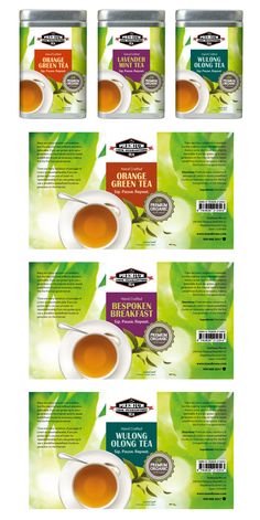 six packages of green tea with labels on the front and back, each containing different flavors