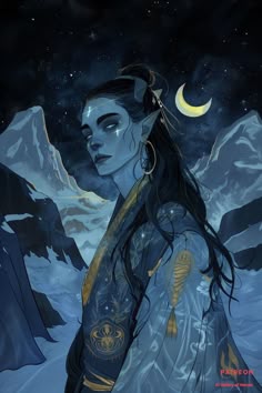 a woman with long hair standing in the snow under a night sky and stars above her