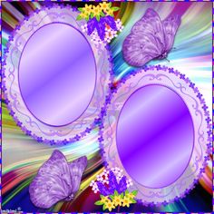 two mirrors with butterflies on them in front of a colorful background and an image of flowers