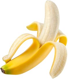 a peeled banana sitting in the middle of it's peels on a white background
