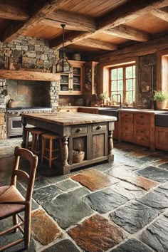 a rustic kitchen with stone flooring and wooden cabinets