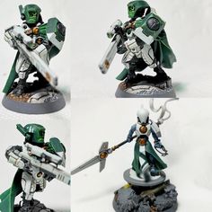four different shots of a green and white warhammer with two swords in their hands