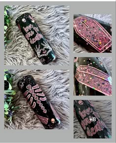 four different images of the same black and pink bag with glitters on it, one is