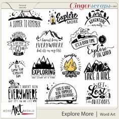 the word art world explore more sticker sheet is shown in black and white, with an