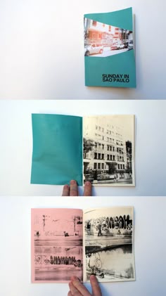 three different photos showing the same person holding up an open book with pictures on it