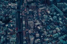 an aerial view of a city at night